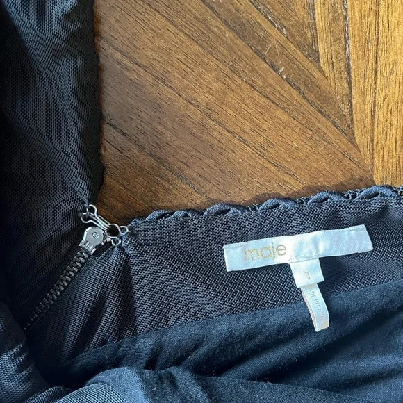 Maje Ringo Black Basket Weave Mini Dress V-Neck Lace Overlay Size Small - Picture 6 of 15